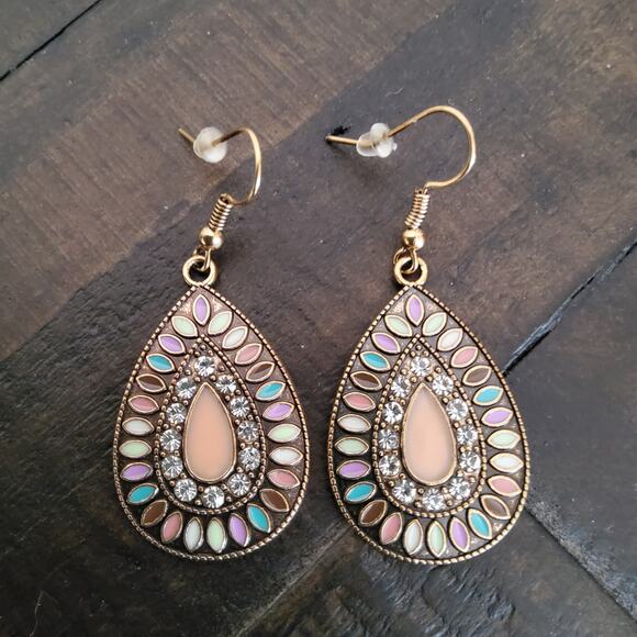 Rhinestone Multicolor Gold Tone Teardrop Dangle Earrings - Picture 5 of 10